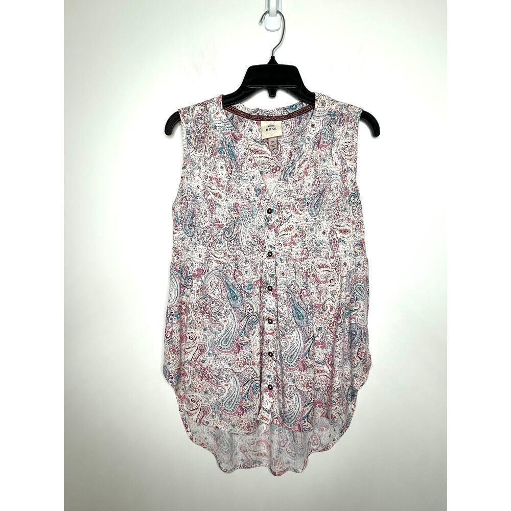 Knox Rose Paisley Print Smocked Babydoll Tunic Tank Top XS Boho Peasant Prairie